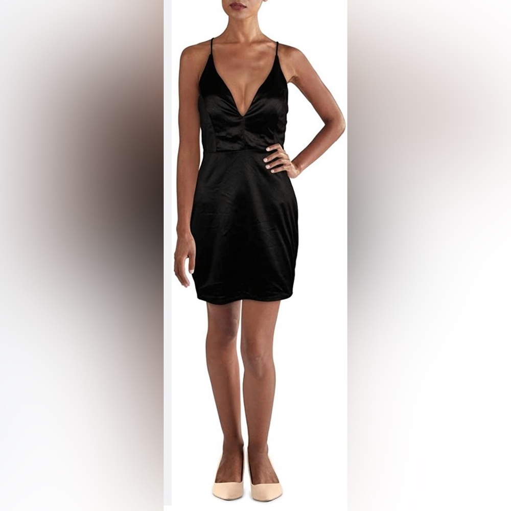 Jump Black Satin V Neck-Criss Cross Spaghetti Strap Mini Dress Size 3/4 NWT